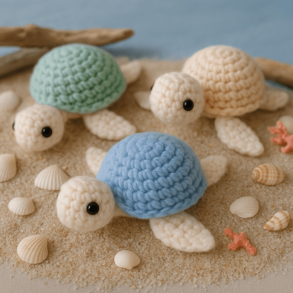 20251029_2008_Crocheted Turtles Beach Scene_remix_01k8rnw4tte64tnh29wv621256 No Sew Turtle Crochet Pattern - Beginner Amigurumi PDF