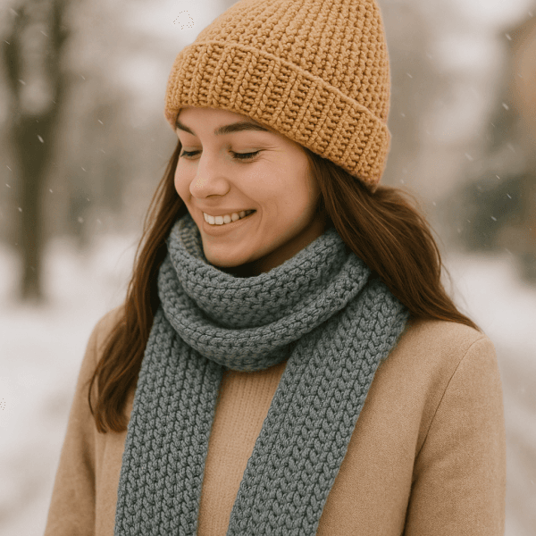20251031_1319_Cozy Winter Fashion_remix_01k8x37wh4e03svher31dwpqjp Women and Men's Crochet Scarf Pattern - Easy Ribbed Scarf PDF
