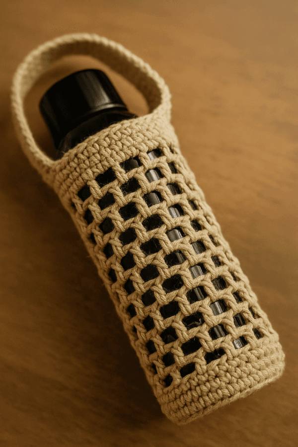 Crochet water bottle holder pattern in cream cotton with mesh design