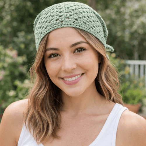 crochet bandana pattern worn as headscarf