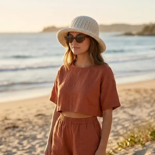 Handmade crochet bucket hat worn by woman as a summer sun hat