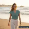 Woman wearing crocheted top on the beach Woman wearing crocheted top on the beach