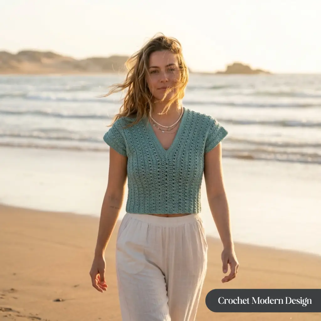 Woman wearing crocheted top on the beach