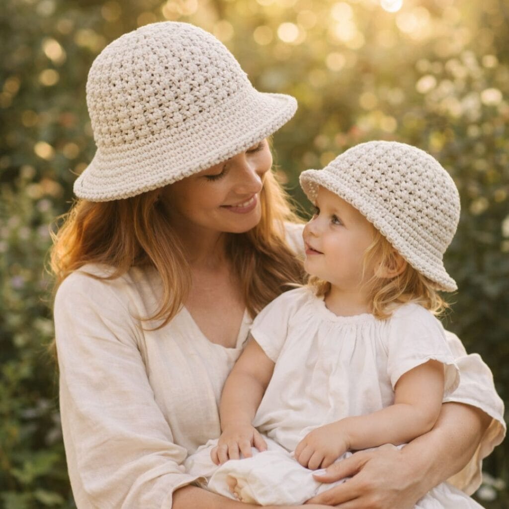 Crochet bucket hat flat lay — crown view showing seamless construction and stitch texture
