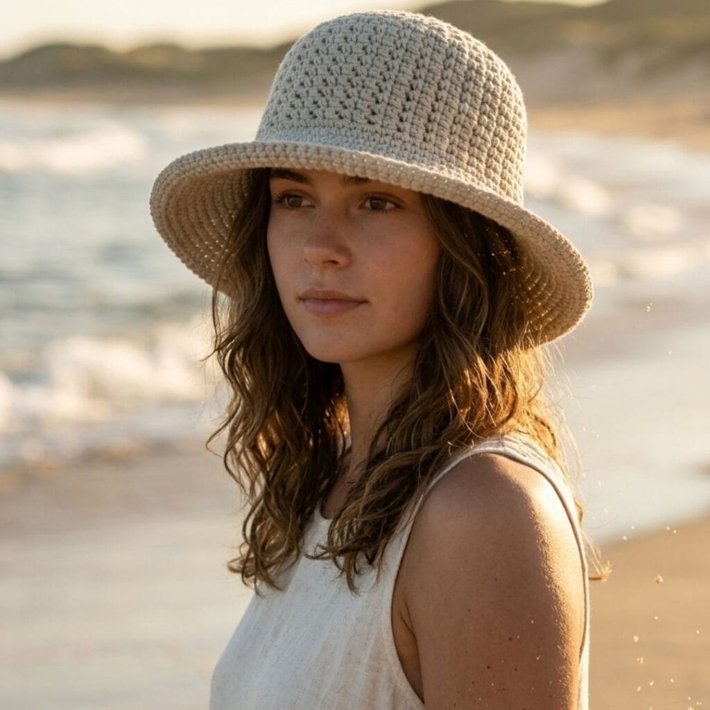 Adult crochet bucket hat styled outdoors — modern summer crochet pattern for beginners