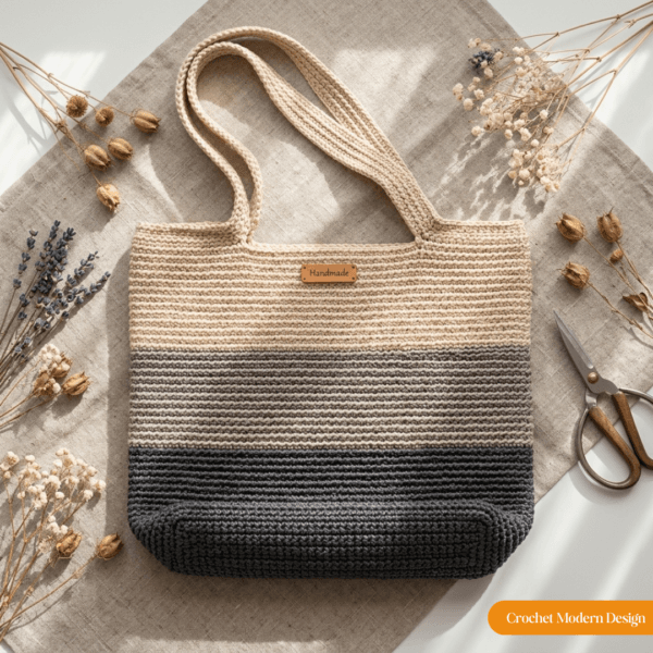 Easy two-tone crochet tote bag in grey and cream rope