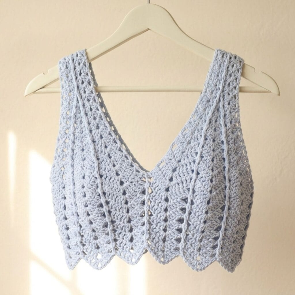Cross V-stitch texture on beginner crochet summer top DK yarn