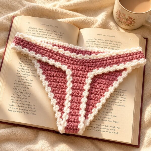 Cozy Book Thong in use — slim tail marking the page of an open paperback