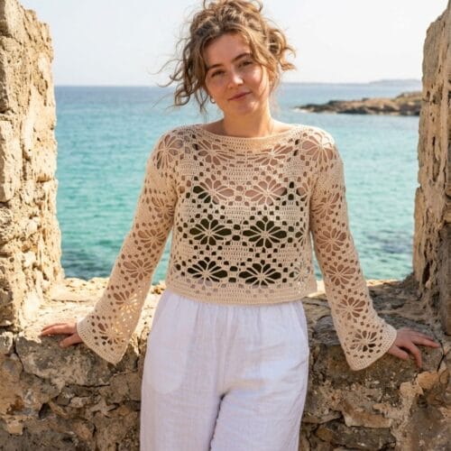 floral lace crochet top pattern worn as a summer sweater