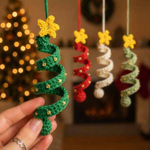 Beaded green crochet spiral Christmas tree ornament with a yellow star topper — beginner PDF pattern