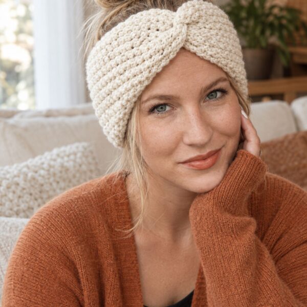 rochet ear warmer pattern worn as a twisted headband
