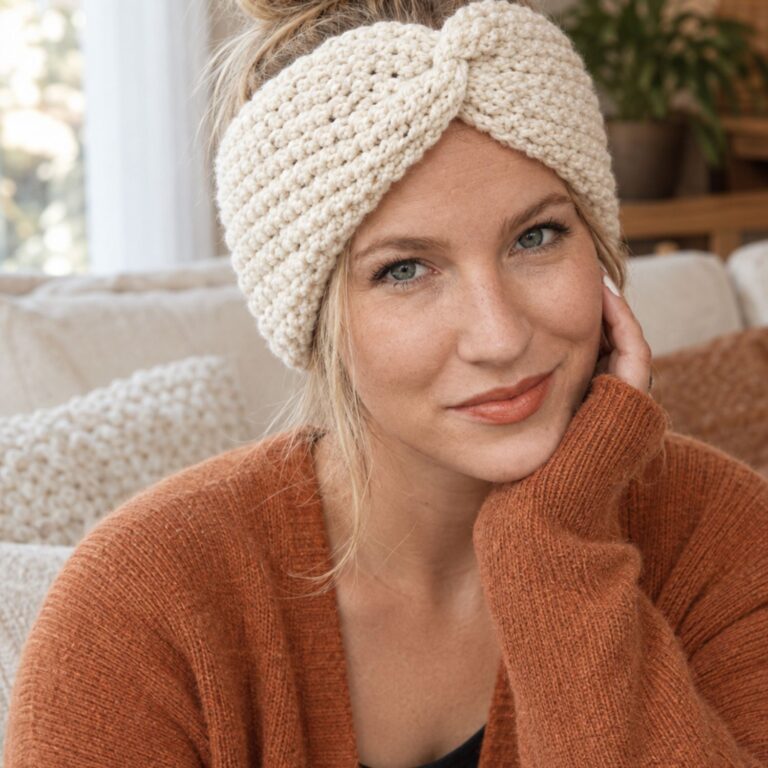 rochet ear warmer pattern worn as a twisted headband
