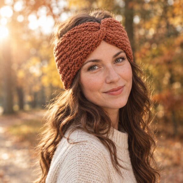 twisted crochet ear warmer headband in cream worn by model